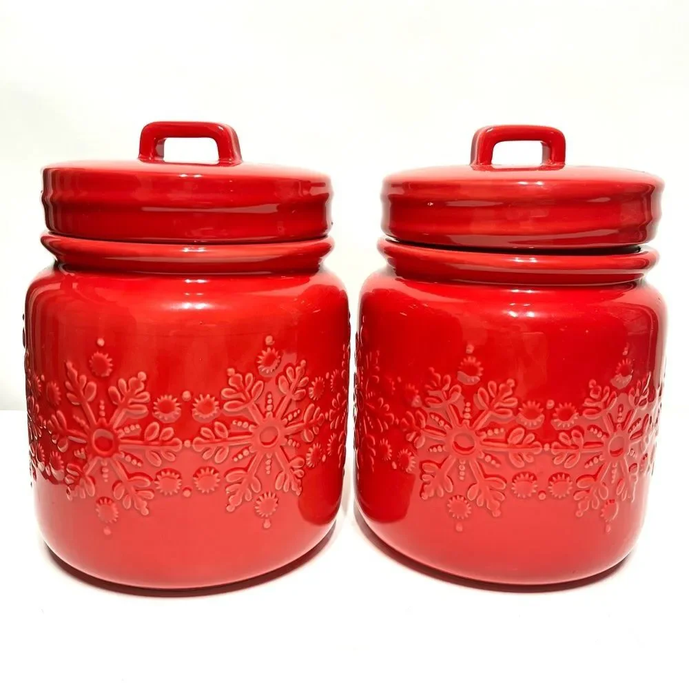 Crate & Barrel Glazed Snowflake Cookie Jar in Red